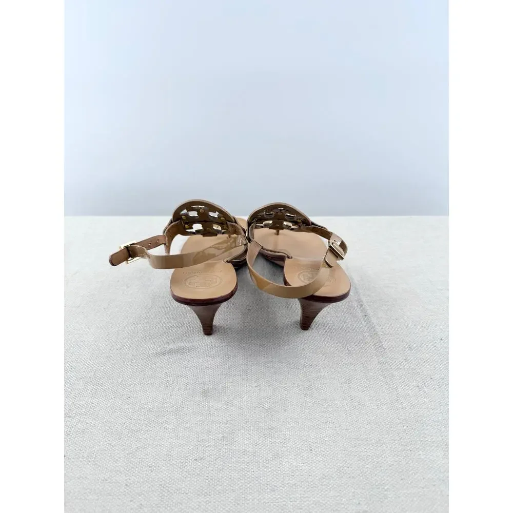 Tory Burch Leather Mid-Heel Thong Sandals with Metallic Logo Beige Women's US 6